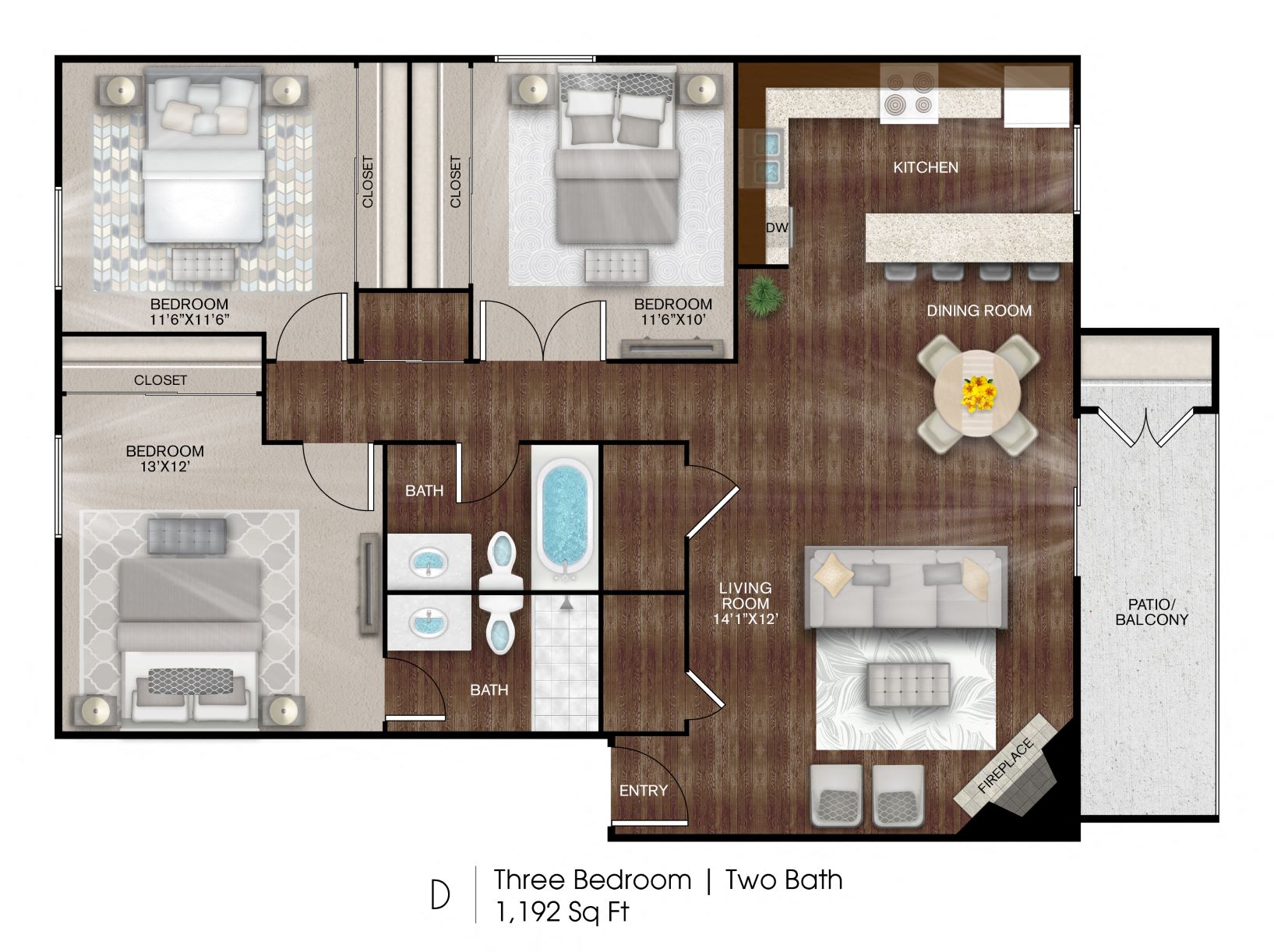 Floor plan for 3 beds, 2 baths, 1192 sqft